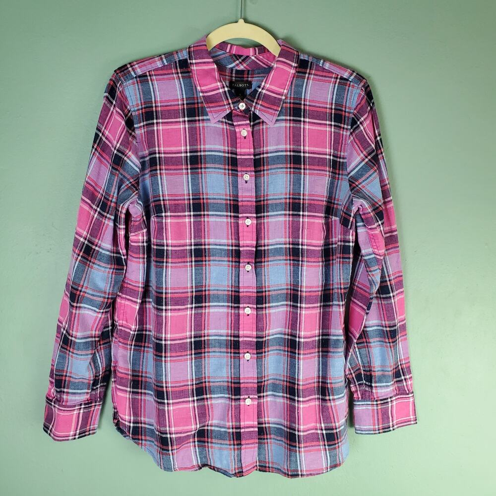 Talbots Women's Pink Metallic Blue Plaid Button Up Long Sleeve Shirt Size Large